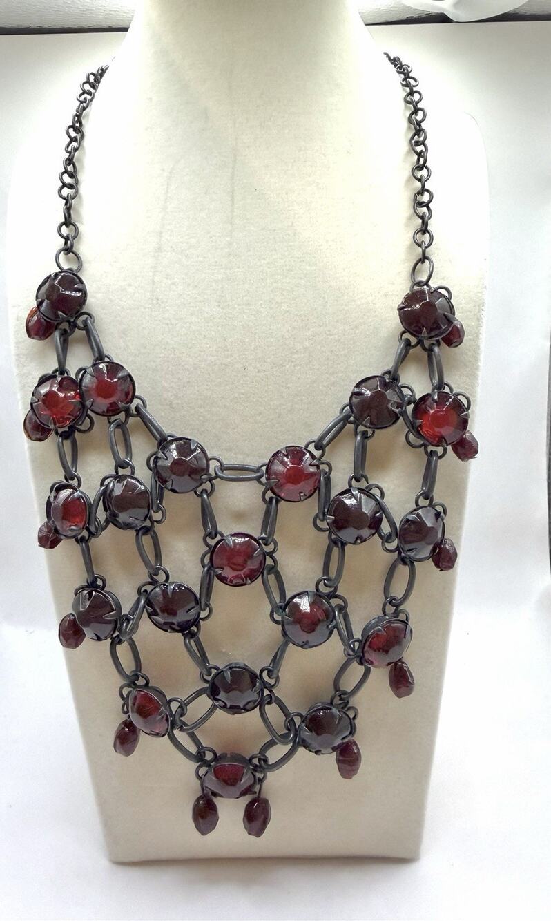 Vintage Red Glass Bib Black Chain Adjustable Necklace
